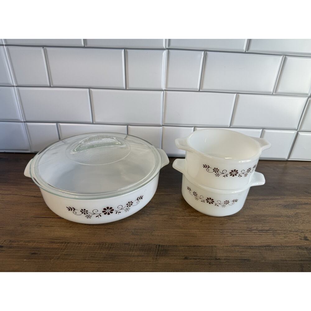Vintage Dynaware Pyr-O-Rey Round 8" & 2 Individual Small Casserole Bowls Brown